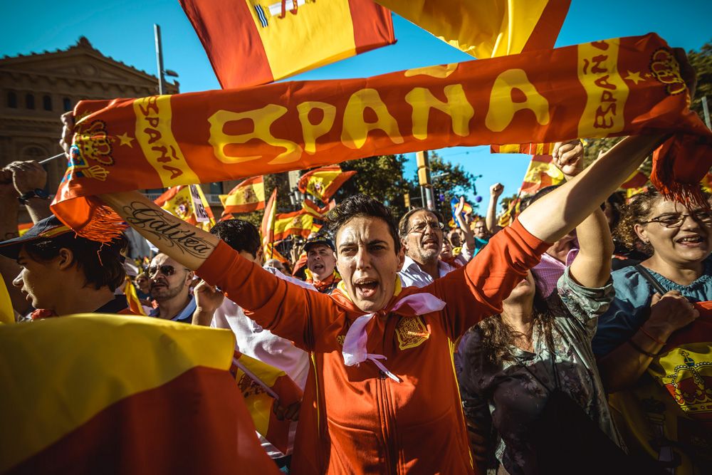 Barcelona, Spain. 29 October, 2017: An anti-separatist Catalan shouts slogans as he protests for the indivisibility Spain's two days after the Catalan parliament has voted and the Spanish central government triggered article 155 to take control over the region