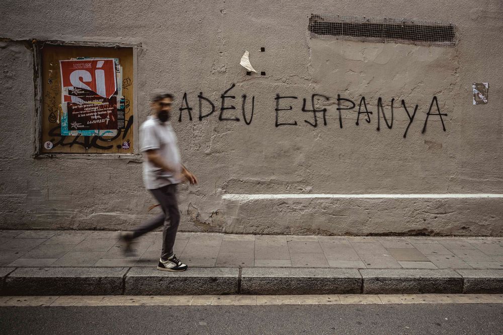 Barcelona, Spain. 30 September, 2017: 
A 'Goodbye Spain' painting including the swastika for the 's' is seen a day before the planned secession referendum at October1st. Spain's constitutional court has suspended the Catalan referendum law after the Central Government has challenged it in the Courts