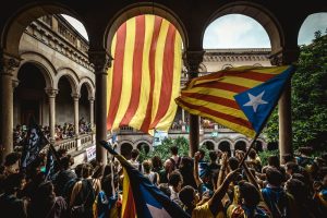 Barcelona, Spain. 22 September, 2017: 
Catalan pro-independence students occupy the historic building of the University of Barcelona in support of the planned secession referendum at October1st. Spain's constitutional court has suspended the Catalan referendum law after the Central Government has challenged it in the Courts