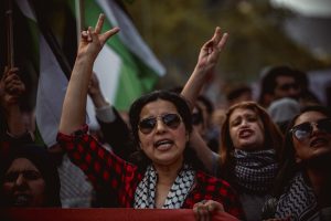 Barcelona, Spain. 20 April, 2024: 
Demonstrators shout slogans in protest of Israel's continued attacks on the Gaza Strip, which led to numerous deaths among civilians. They are reacting to an attack on October 7 by the Islamist organization Hamas.