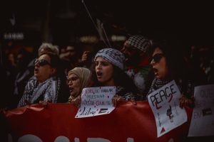 Barcelona, Spain. 20 April, 2024: 
Demonstrators shout slogans in protest of Israel's continued attacks on the Gaza Strip, which led to numerous deaths among civilians. They are reacting to an attack on October 7 by the Islamist organization Hamas.