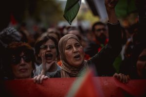 Barcelona, Spain. 20 April, 2024: 
Demonstrators shout slogans in protest of Israel's continued attacks on the Gaza Strip, which led to numerous deaths among civilians. They are reacting to an attack on October 7 by the Islamist organization Hamas.