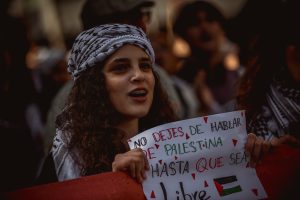 Barcelona, Spain. 20 April, 2024: 
Demonstrators shout slogans in protest of Israel's continued attacks on the Gaza Strip, which led to numerous deaths among civilians. They are reacting to an attack on October 7 by the Islamist organization Hamas.