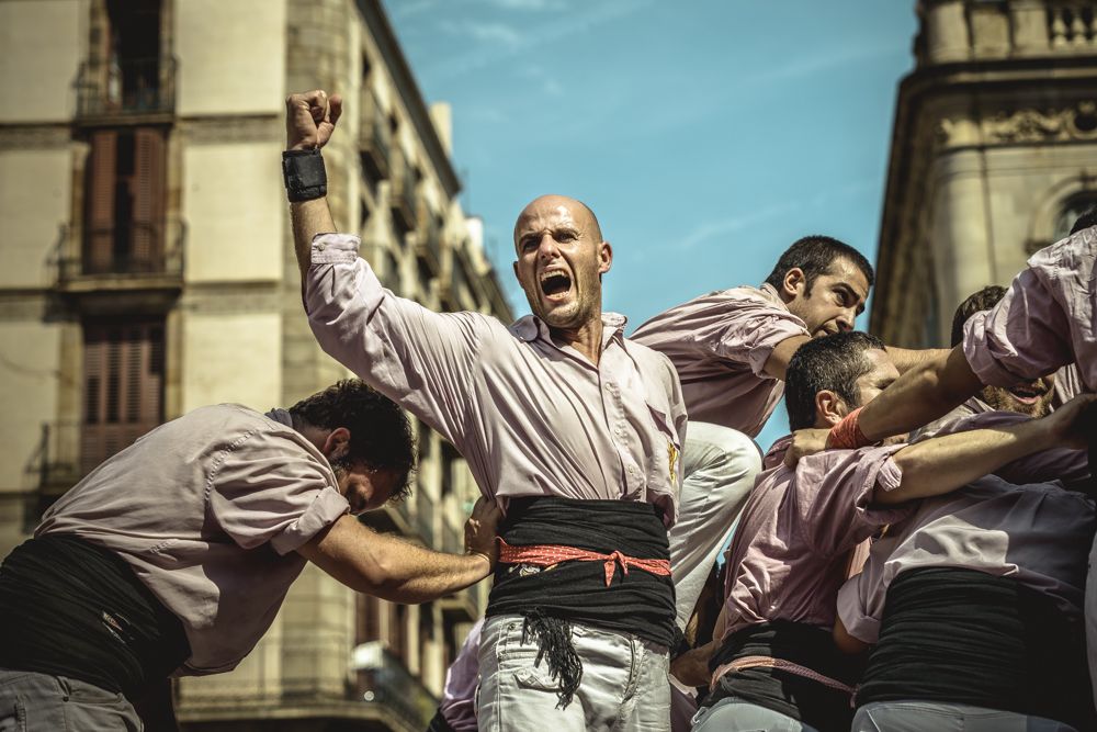 Barcelona, Spain. 25 September, 2016: The 'Minyons de Terrassa' celebrate a human tower during Barcelona's city holiday 'La Merce'