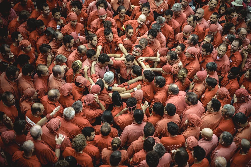 Barcelona, Spain. 23 September, 2017: The 'Castellers de Barcelona' build the base of a human tower during Barcelona's city holiday 'La Merce'
