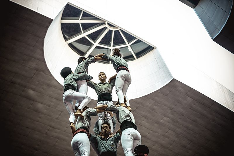 The 'Castellers de Sants' build a human tower during day three of the 27th Tarragona Human Tower Competition in Tarragona. The competition takes place every other year and features the main 'Castellers' teams (colles) of Catalonia during a three day event organized by the Tarragona City Hall