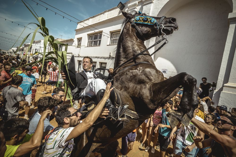 Sant Lluis, Spain. 27 August, 2017: A 'caixer' (horse rider) rears up on his horse in between the cheering crowd during the 'Jaleo' of the annual festival in Sant LLuis, the town's patron saint fiesta