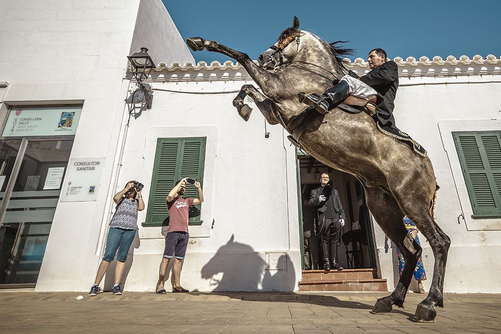 A 'caixer' (horse rider) rears up on his horse passing the greeting preast in his house before incorporating him into the cavalcade through the village prior to the traditional 'Jaleo' at the Sant Antoni Festival in Fornells